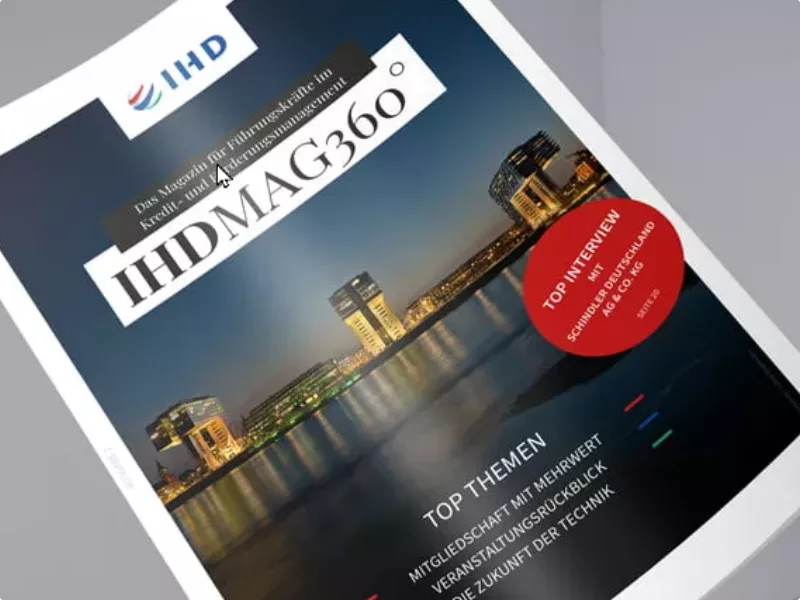 IHD MAG360° - Cover der zweiten Ausgabe. Top-Themen: Mitgliedschaft mit Mehrwert, Veranstaltungsrückblick, Zukunft der Technik, Interview mit Schindler Deutschland